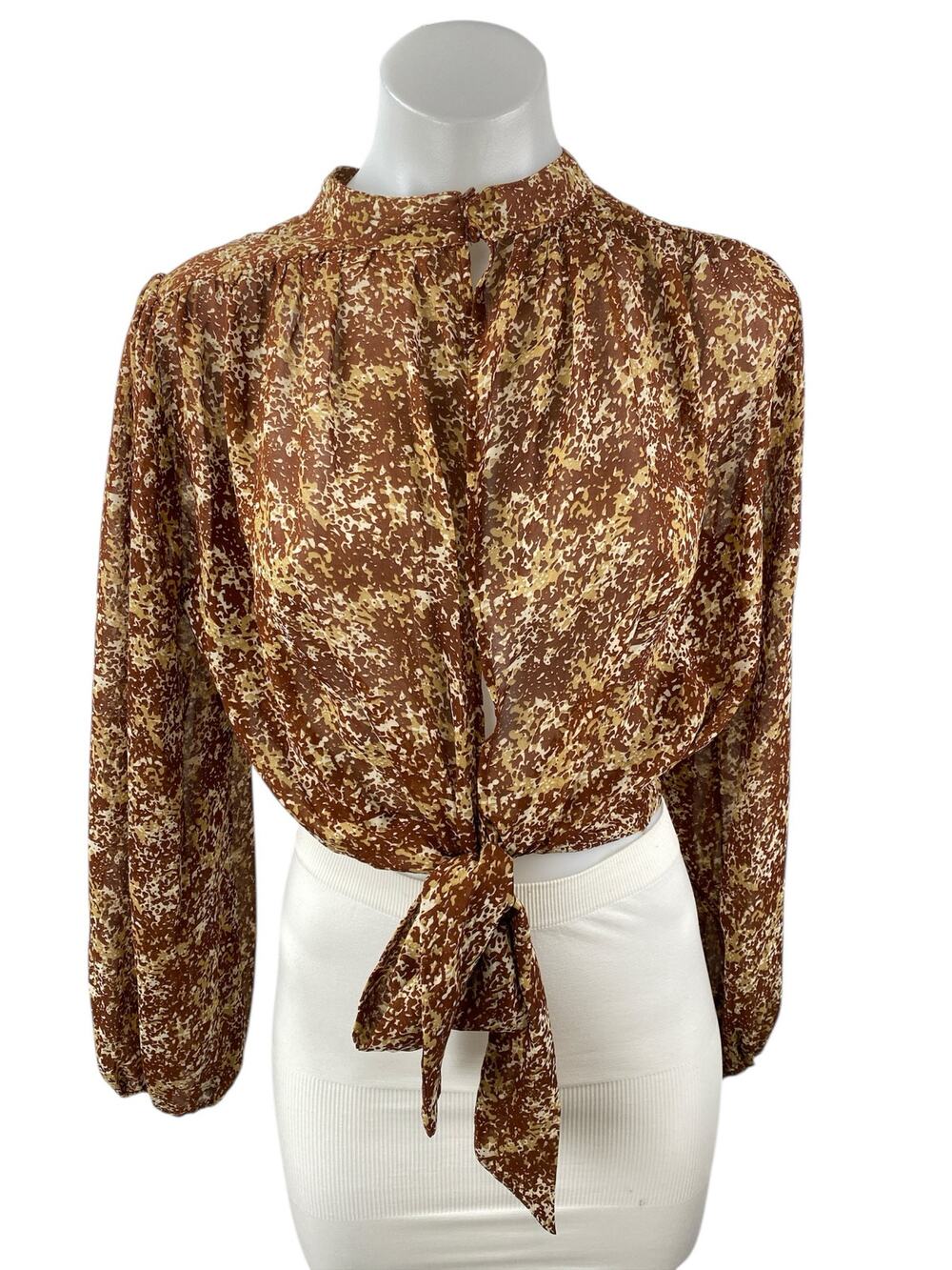 Lush Women's Multicolor Tie Front Long Sleeve High Neck Crop Blouse Top Size M